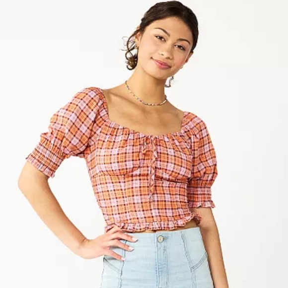 SO Tops - DONATED Plaid Puff Sleeve Top Pink Orange NWT